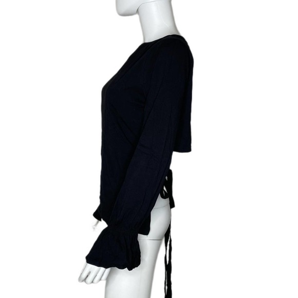 Mustard Seed Women's Black Long Bell Cuff Sleeve Hi-Low Cropped Tie Back Blouse - Picture 2 of 4